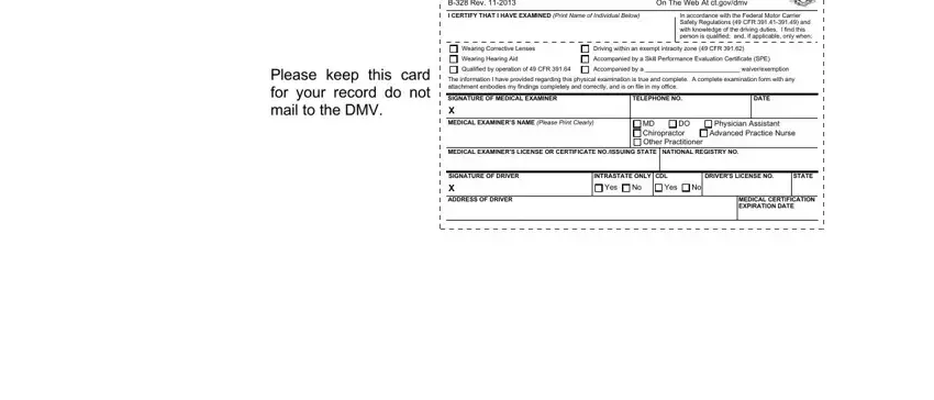 Certificate B 328 Form filled out with driver information and medical examiner details