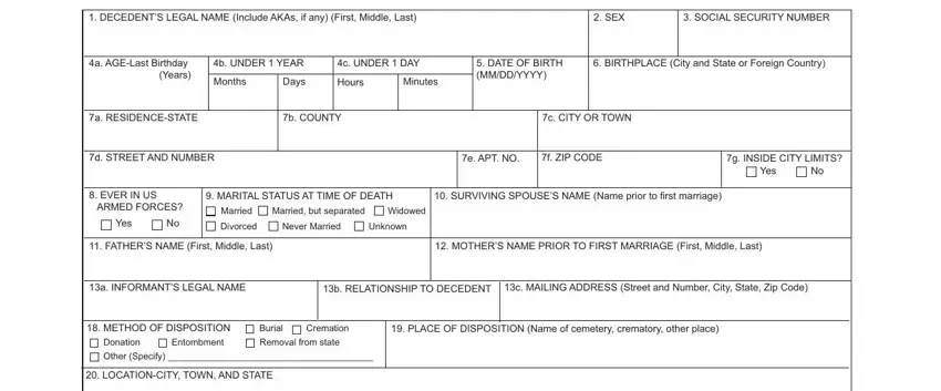 Certificate of Death Worksheet personal information fields including legal name and social security number