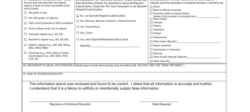 Certificate of Death Worksheet education level and demographics checkboxes