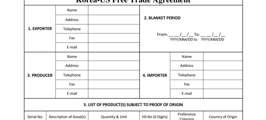 KORUS FTA certificate of origin form page 1, exporter and product fields
