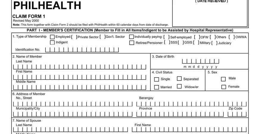 CF2 PhilHealth form section 1 showing patient information fields
