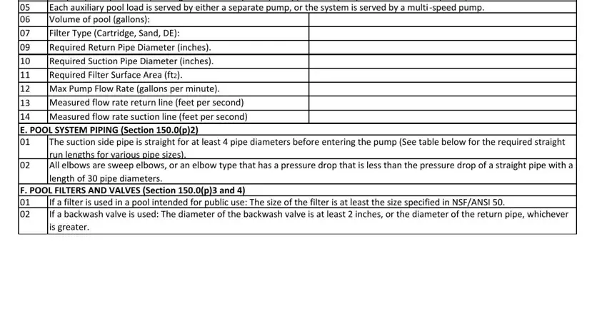 Completing pool system and pump sizing sections on the CF2R-PLB-03-E