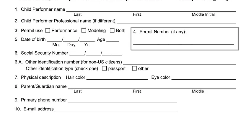 Section 1 of the child performer application showing personal information fields
