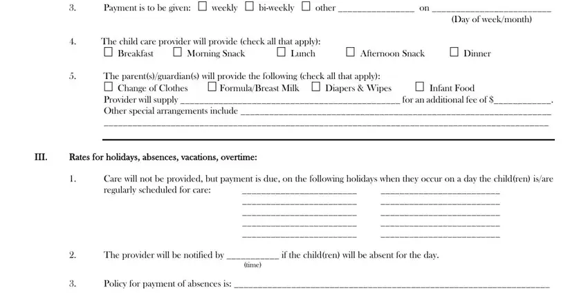 The parents/guardians will provide, Rates for holidays absences, and Dinner in child provider care contract form