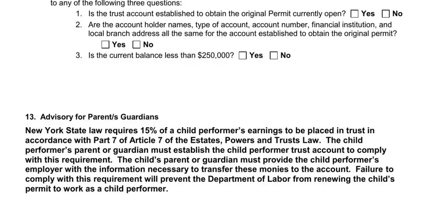 Trust account and labor compliance section of the child performer application