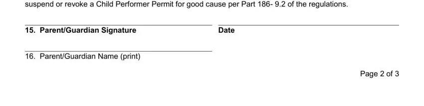 Parental affirmation and date section of the child performer application