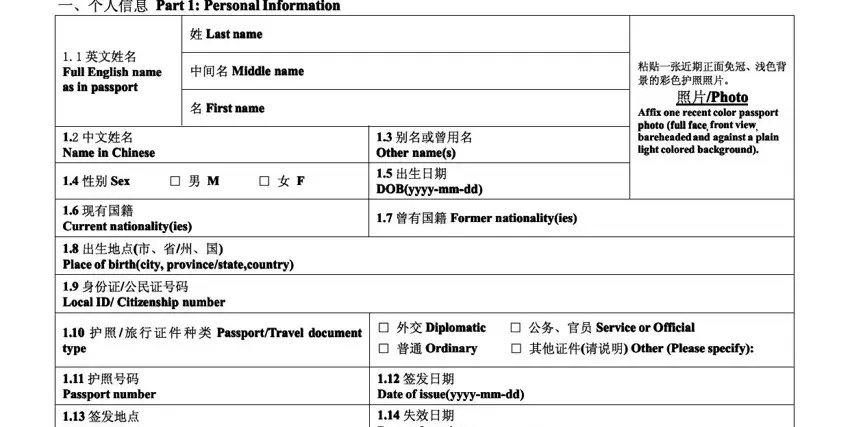 China Application Form — personal identification section