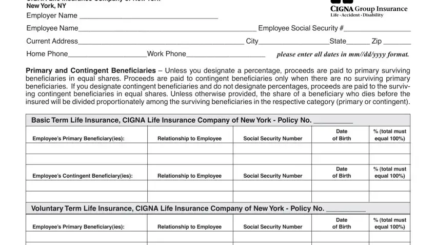 Step 1 in completing the Cigna Beneficiary Designation form online