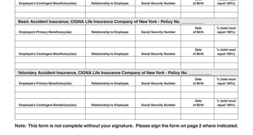 Completing beneficiary information fields in the Cigna Beneficiary Designation form