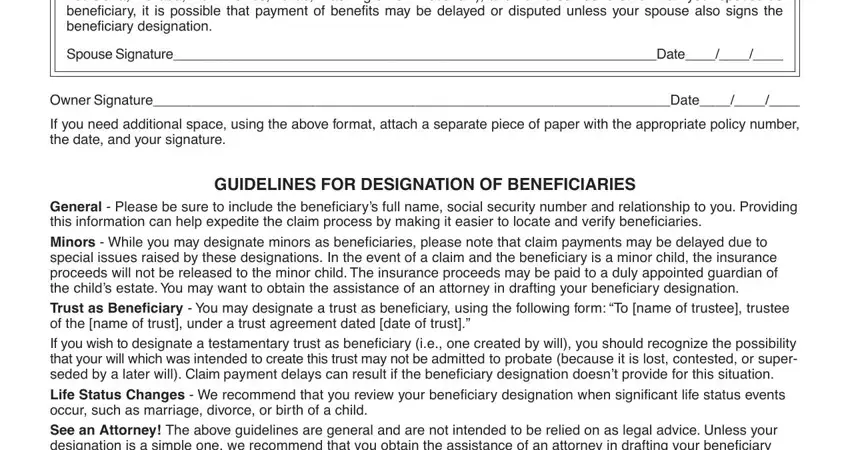 Community property and guidelines section of the Cigna Beneficiary Designation form