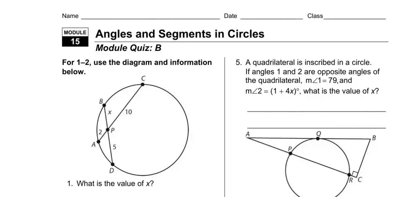 Circles module quiz form page 1 – fields for arc and angle values