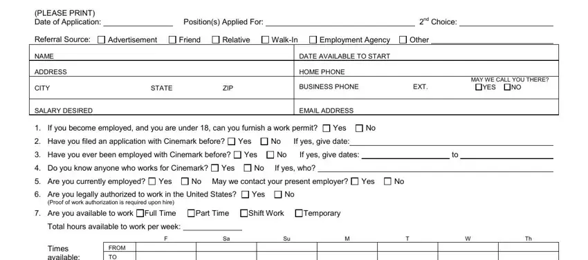 Cinemark employment application form - personal information section