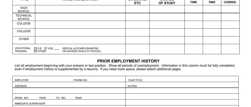 Cinemark employment application form - education history section