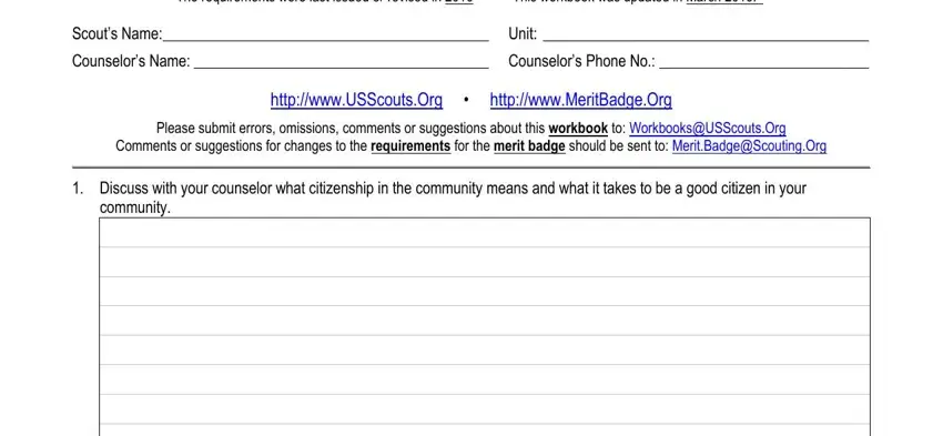 Filling in section 1 of citizenship community merit badge worksheet bsa