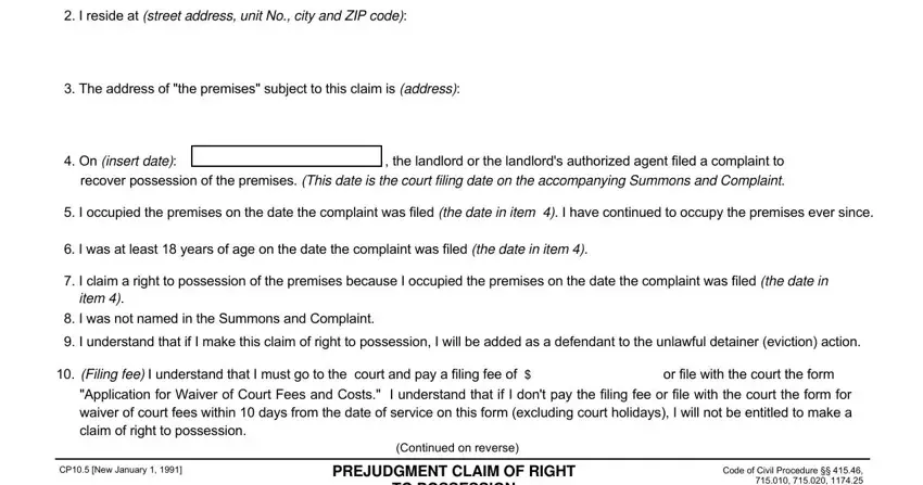 Filling out part 2 in Claim of Right to Possession form