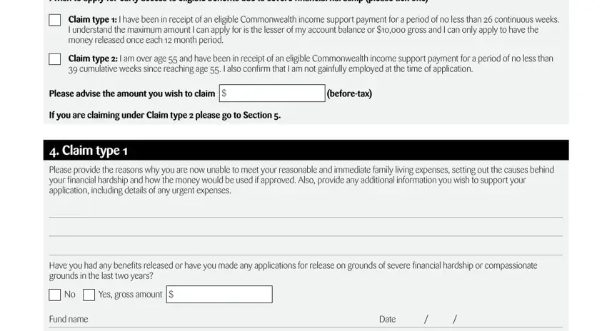 Claim type and claim details section of the Statewide Super hardship form