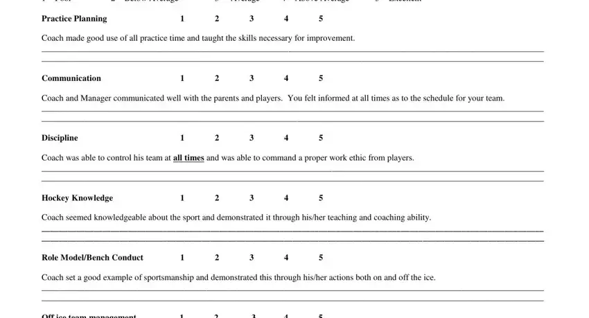 Coach evaluation form - practice, communication, and discipline rating section
