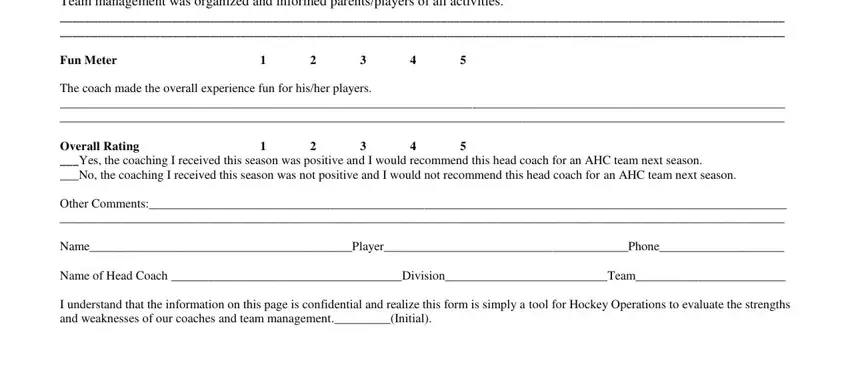 Coach evaluation form - season recommendation and open comment fields