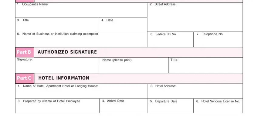 Filling out occupant information on the Columbus H-3 hotel motel excise tax exemption form