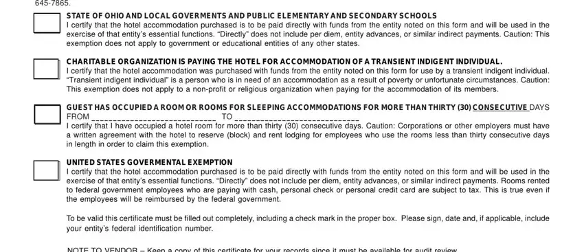 Checking the exemption category on the Columbus Ohio H-3 hotel excise tax form
