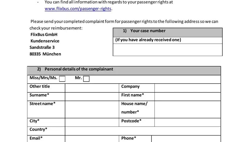 Completing the FlixBus complaint form fields