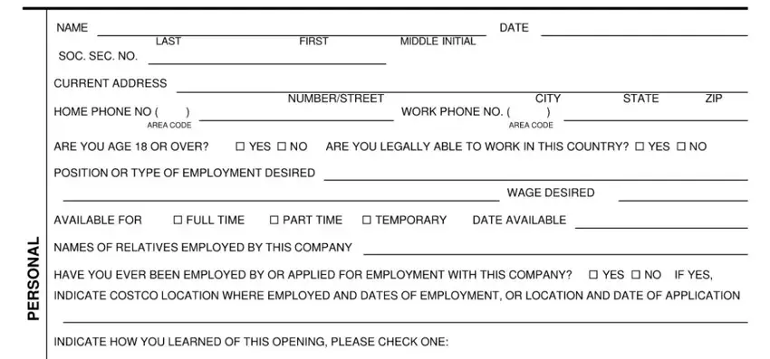 Costco job application position and work availability section