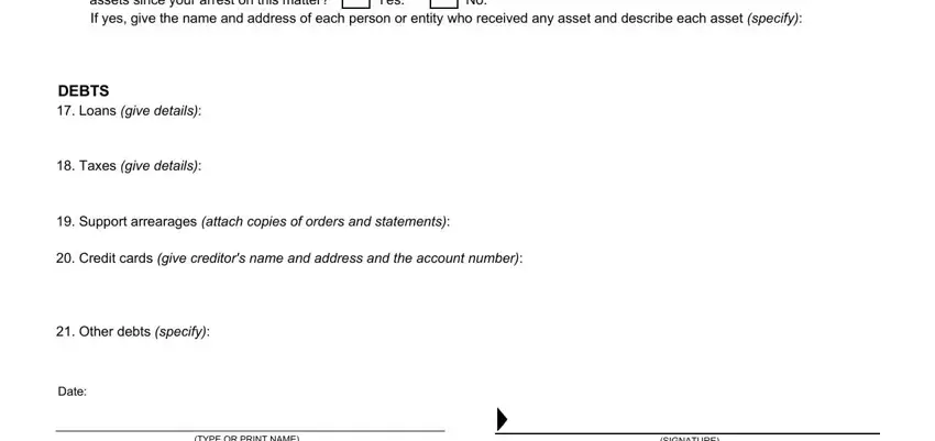 Other debts specify, Date, and DEBTS Loans give details of CR-115