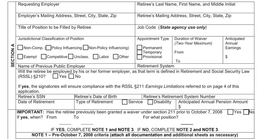 Filling in the retiree and employer contact details on page 1 of the Section 211 waiver form