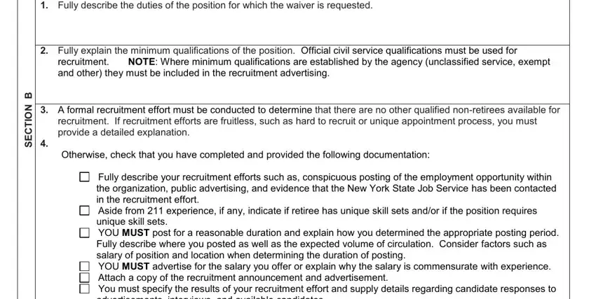 Completing the duty description and recruitment documentation section on page 2 of the pension waiver application