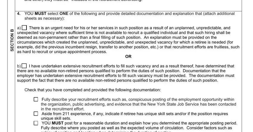 Selecting the re-hire justification and completing the recruitment summary in section 4