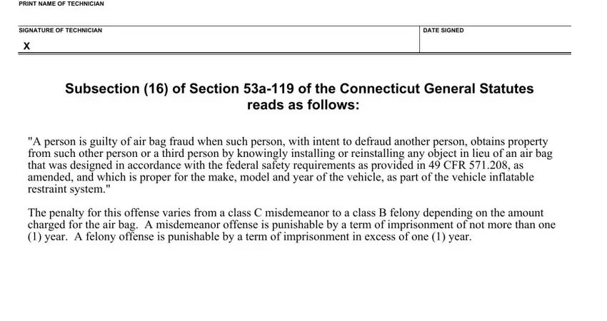 Penalty statement and technician signature fields in the CT B303 form