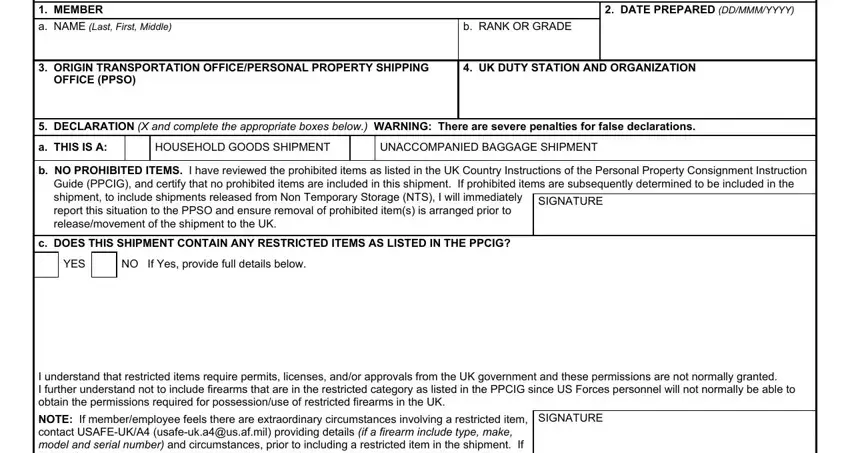 Filling out section 1 of the Custom Declaration Template 1434 - personal information fields