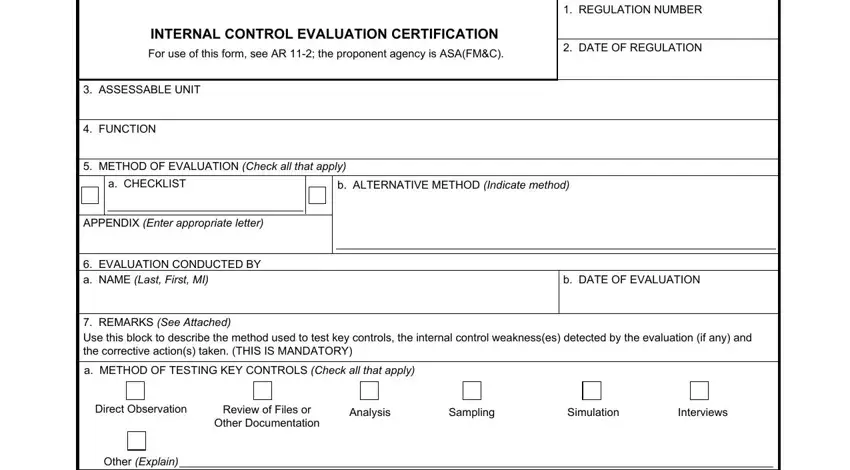 Filling in DA Form 11-2 header with unit name, regulation number, and evaluation dates