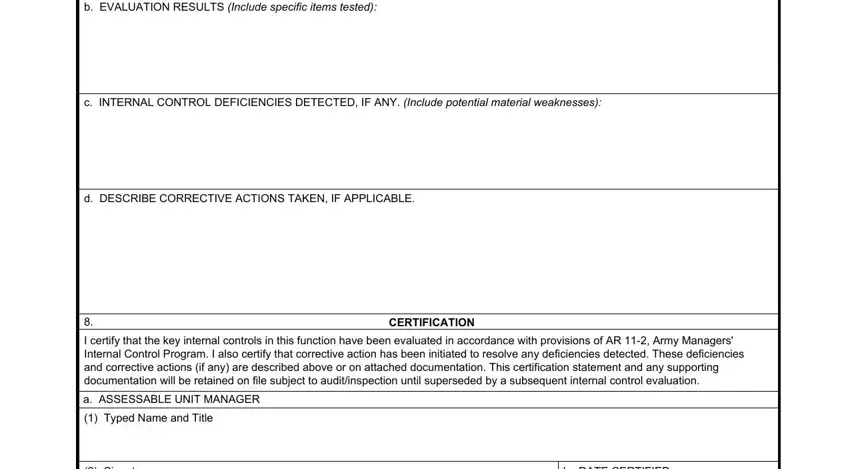 Completing evaluation results, deficiency notes, and corrective actions in section b, c, and d