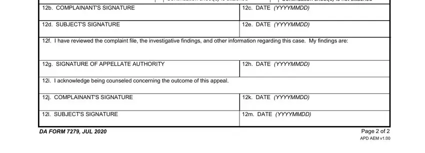 g SIGNATURE OF APPELLATE AUTHORITY, l SUBJECTS SIGNATURE, and f I have reviewed the complaint of 7279 army