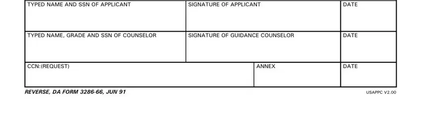 SIGNATURE OF GUIDANCE COUNSELOR and CCNREQUEST fields in DA Form 3286-66