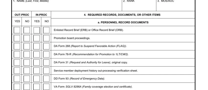 Personnel records section of the Army in-out processing checklist
