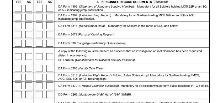 Personal and jump records section of the Army processing checklist