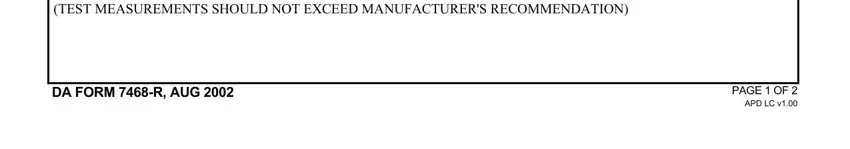 DA FORM R AUG, PAGE OF APD LC v, and WHERE R FOR DC TEST ON inside DA Form 7468-R