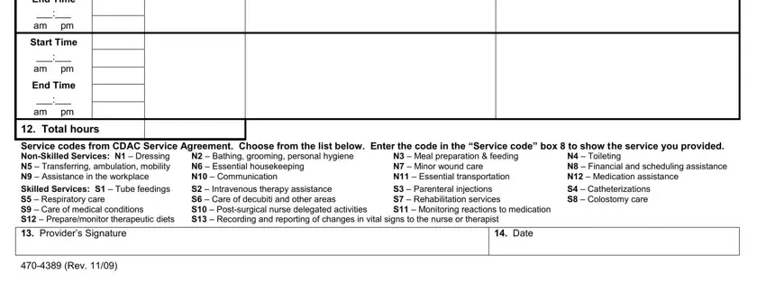 Daily service record start time, end time, and service code entry fields