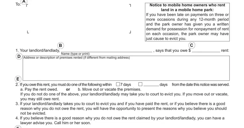 DC 100A form section 1 - tenant name, rent owed, and deadline fields