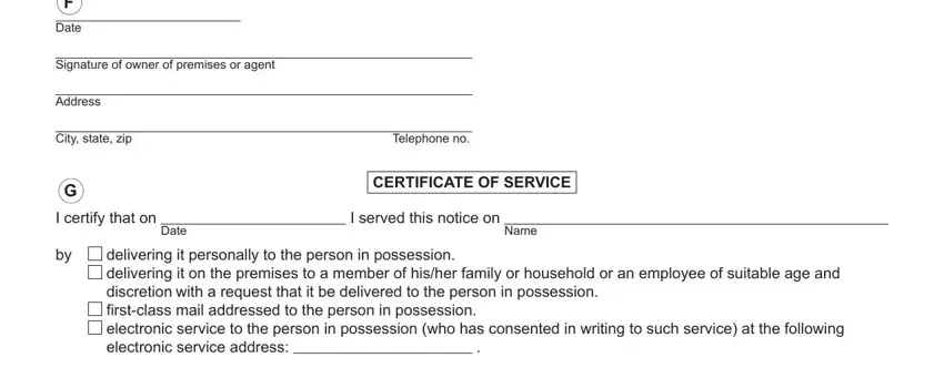 DC 100A form section 2 - certificate of service and landlord signature
