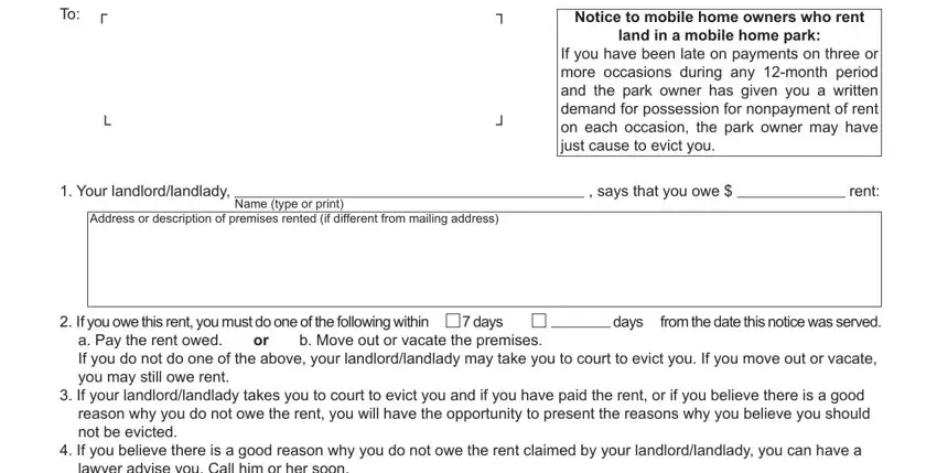 DC 100A form section 3 - mobile home park landlord and rent details