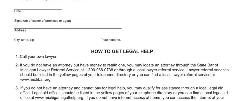 DC 100A form section 4 - legal help notice, date, and landlord contact