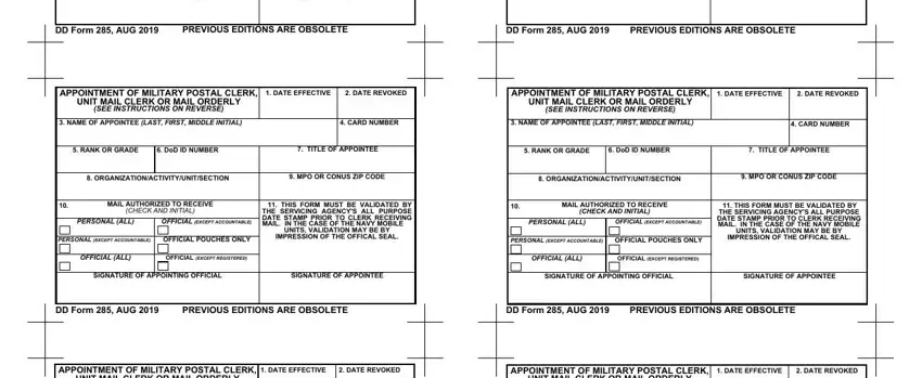 UNIT MAIL CLERK OR MAIL ORDERLY and APPOINTMENT OF MILITARY POSTAL fields
