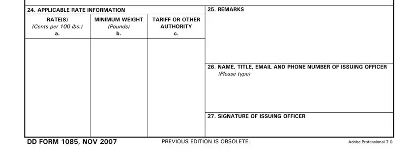 Final section of the freight routing pdf form – rate, tariff, and officer signature fields
