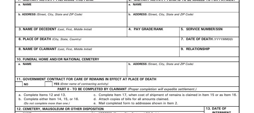 Filling in the payee and claimant information on DD Form 1375