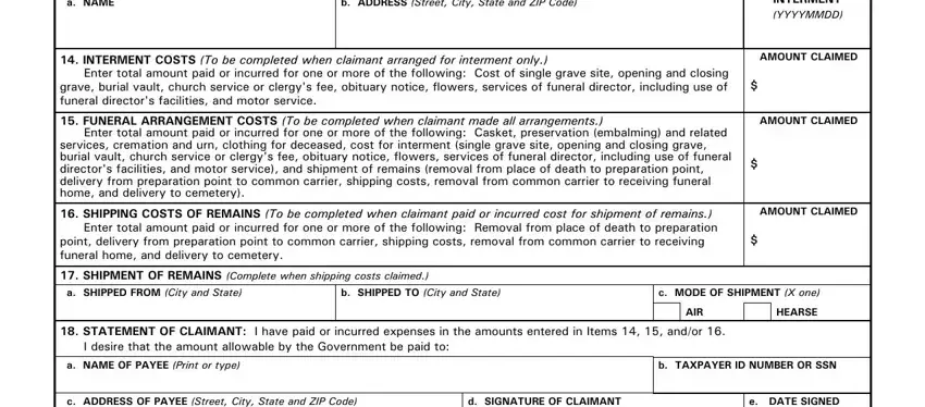Interment costs, burial expenses, and shipping information fields on DD Form 1375
