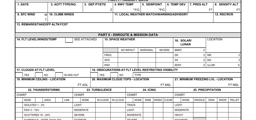 DD Form 175-1 Part I showing takeoff temperature, dewpoint, pressure altitude, and surface wind fields