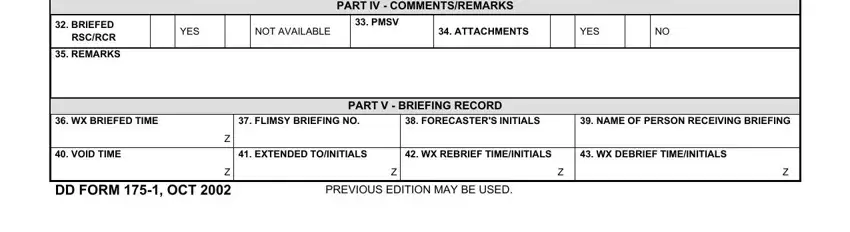 DD Form 175-1 Parts III-V showing aerodrome forecasts, remarks, and the briefing record sign-off